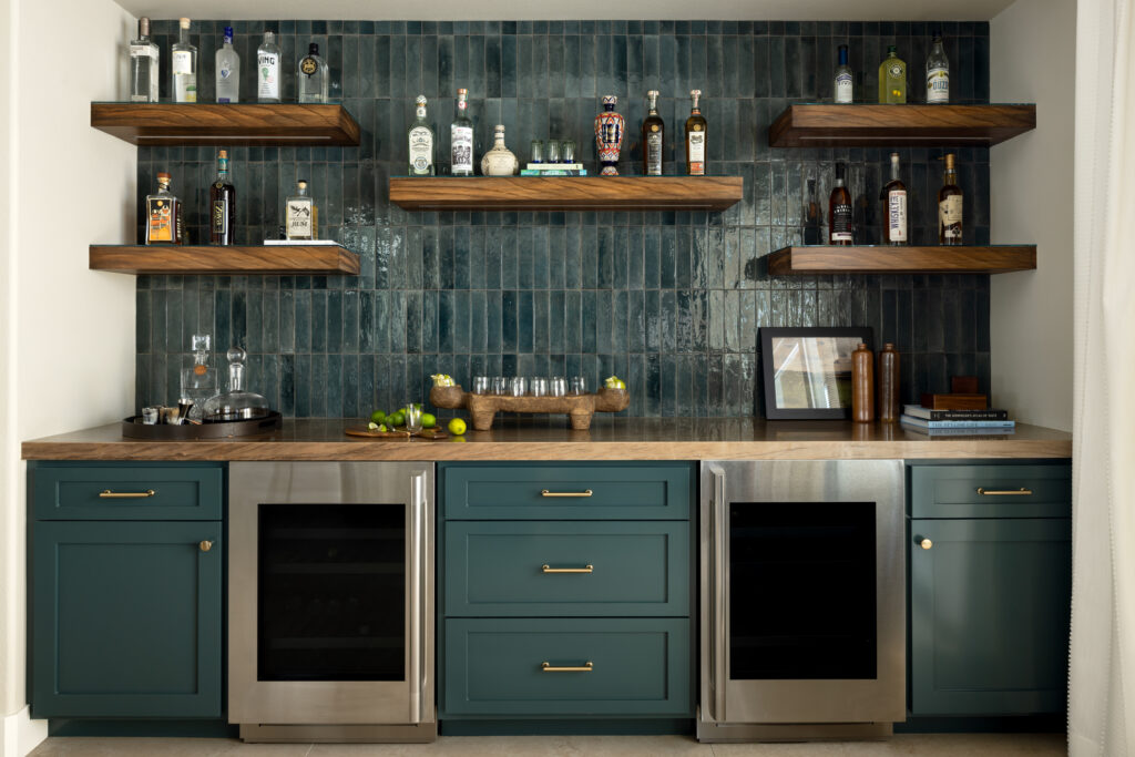 Bar area in an orange county home renovation with open wooded shelving