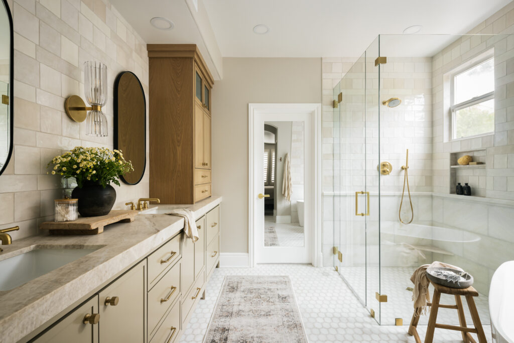 Bathroom with wet room area and double vanity