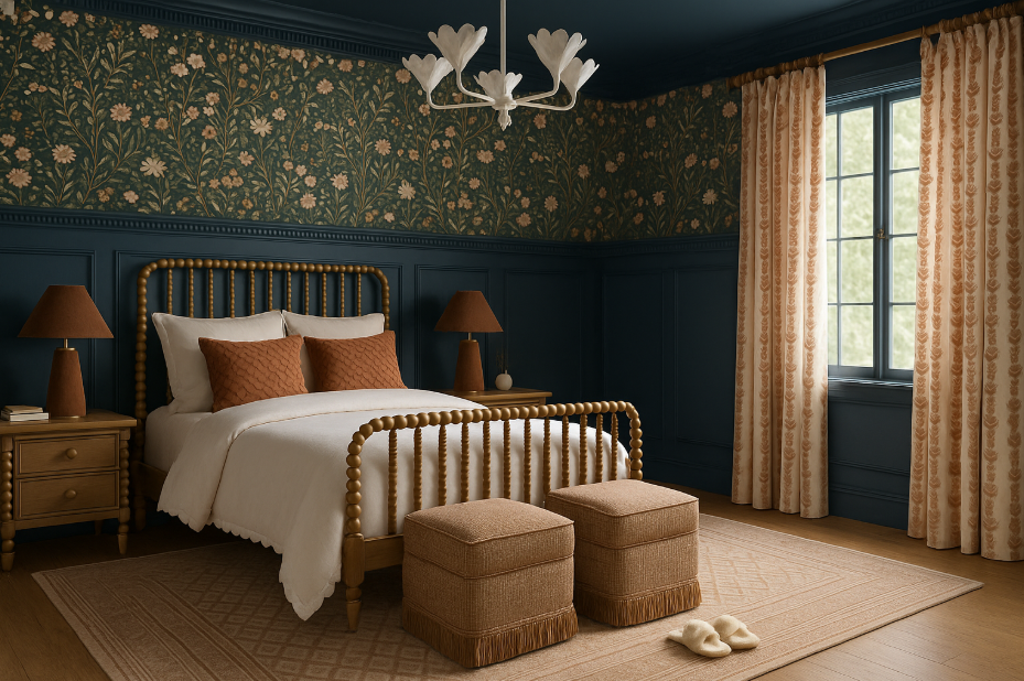 Dana point bedroom renovation rendering with light wood floors, teal millwork, floral wallpaper and floral drapes that shows how Terri Brien Interiors works to layer color and pattern
