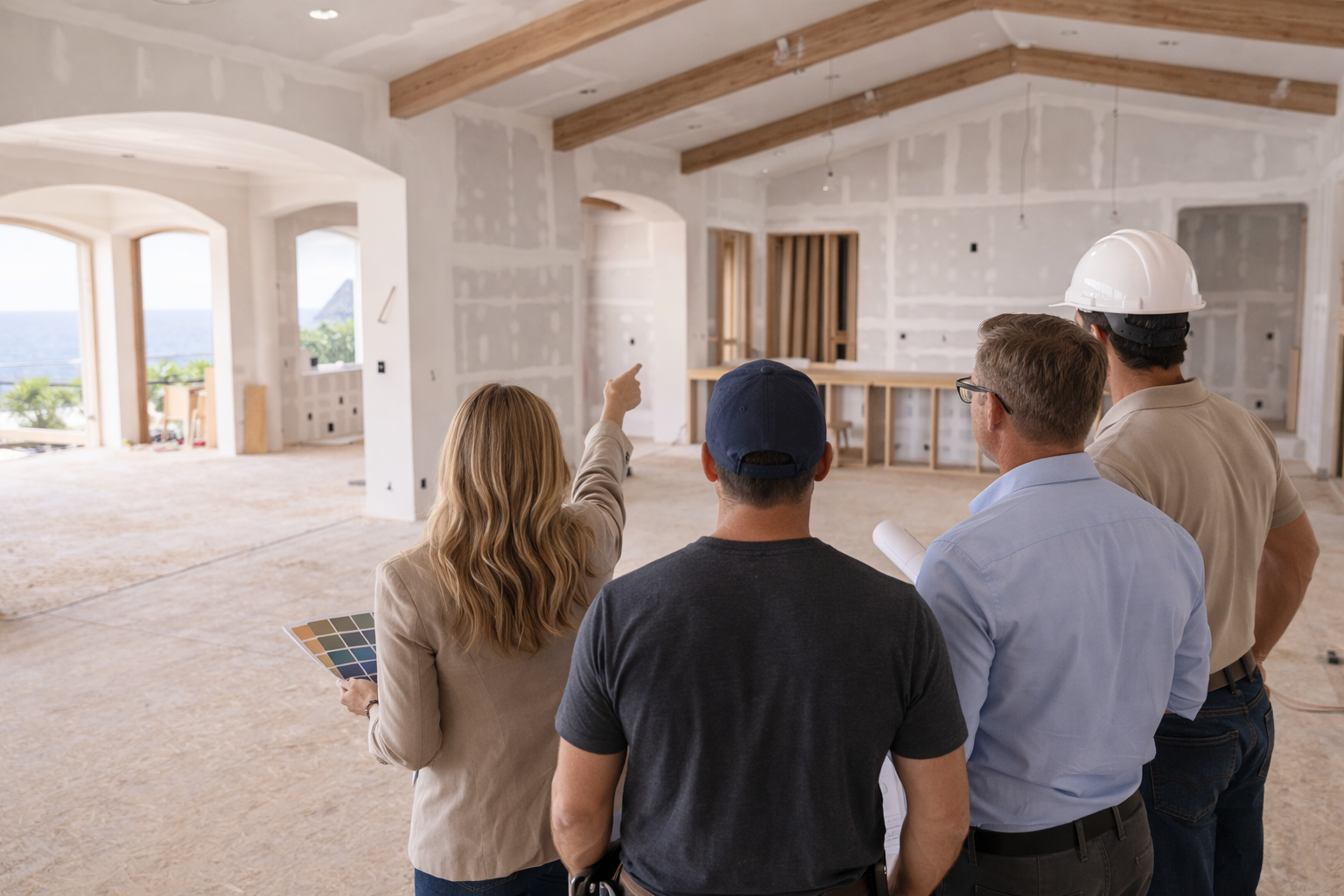 An interior designer meeting with a contractor and trades during an Orange County remodel