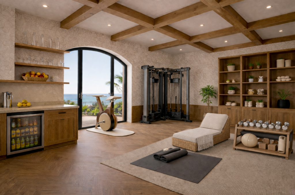 Custom home gym rendering for Dana Point renovation featuring herringbone wood floors, built in shelving and undercoutner refrigerator, workout bicycle and weight machine