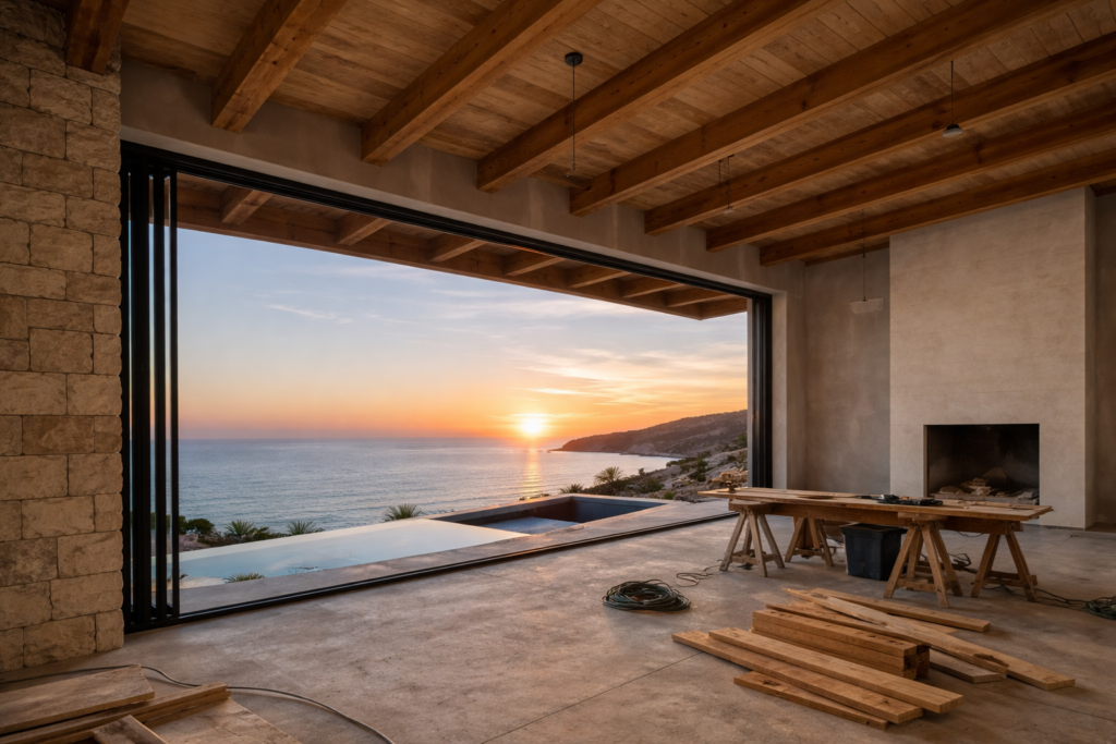 Rendering of a custom home renovation in Dana Point overlooking the ocean featuring beams, stacking glass doors and an infinity pool.