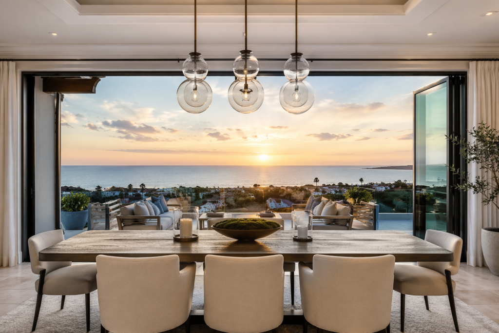 Dana point dining room iwith a wood table and beige chairs with a view out to the ocean.