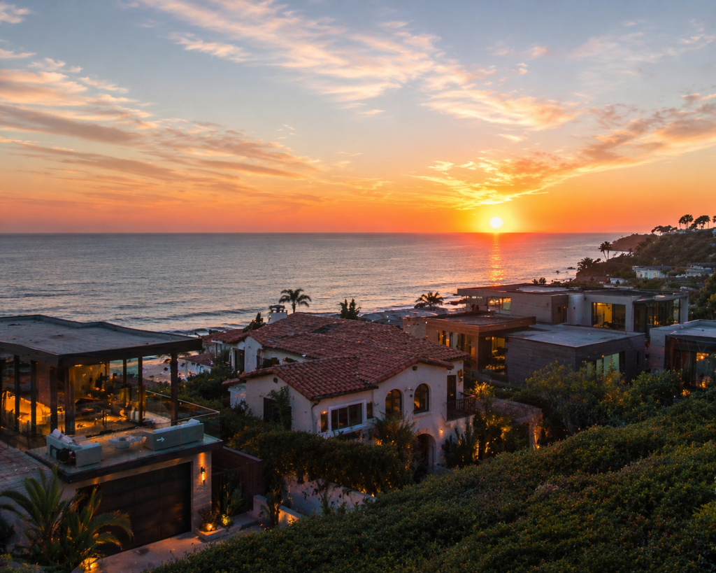 A view looking over homes in San Clemente to the coast.